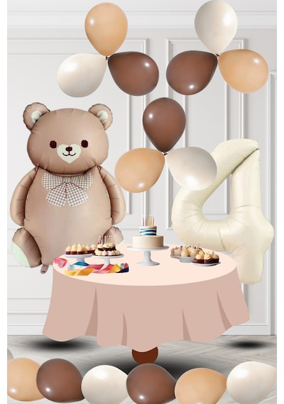 4 Yaş Retro Folyo Karamel Ayıcık Kahverengi Ten Kum Beji Balon Krem Rakam Doğum Günü Süsleme Kahverengi