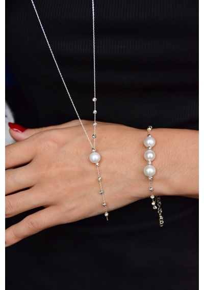 Papatya Silver 925 Ayar Gümüş Rodyum Kaplama Dorika Toplu Incili Kolye Bileklik Set