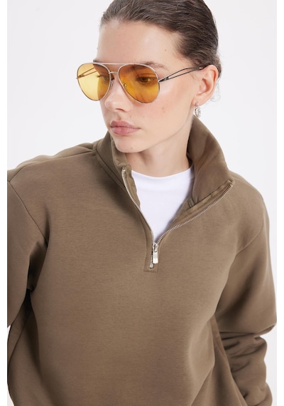 Tudors Kadın Relax Fit Rahat Kesim Pamuklu İçi Polarlı Yarım Fermuarlı Haki Dik Yaka Sweatshirt-42073 Haki