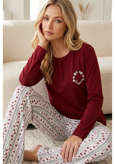 Siyah İnci Nakışlı Düğmeli Pamuklu Likralı Örme Pijama Takım26240351 Bordo