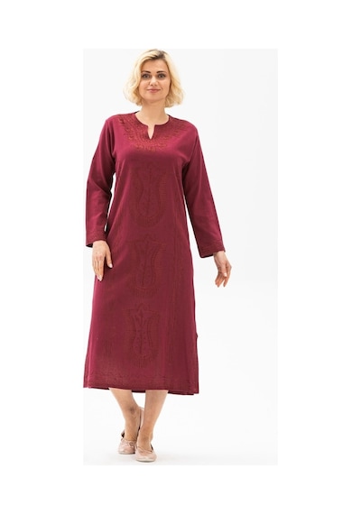 Eliş Şile Bezi Uzun Kol Şile Bezi Simli Kaftan Midi Boy Elbise Bordo