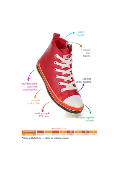 Kiko Kids Pant Günlük Bağcıklı Fermuarlı Kız Bebek Spor Ayakkabı Kırmızı Kırmızı