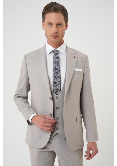 Efor Slim Fit Çift Yırtmaç Keten Karışımlı Yelekli Klasik Taş Takım Elbise Tk 914 Taş