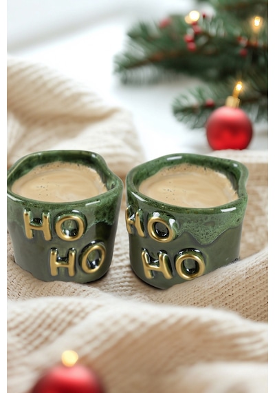 Gleam Yeşil Seramik El Yapımı Mug Fincan 2li Set Altın Kaplama Ho Yeşil