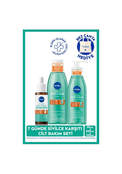 NIVEA Derma Skin Clear Sivilce Karşıtı Serum 30 ML + Yüz Temizleme Jeli 150 ML + Tonik 200 ML + Bez Çanta