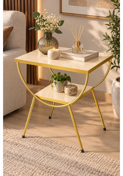 Sulorahome Gold Metal Yan Sehpa Krem Komodin Krem - Altın