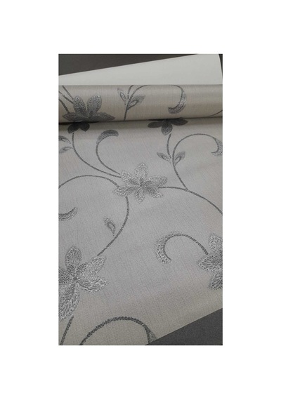 Modern Çiçek Desenli Gri Üzerine Gümüş Detaylı Duvar Kağıdı 5m2 Gri