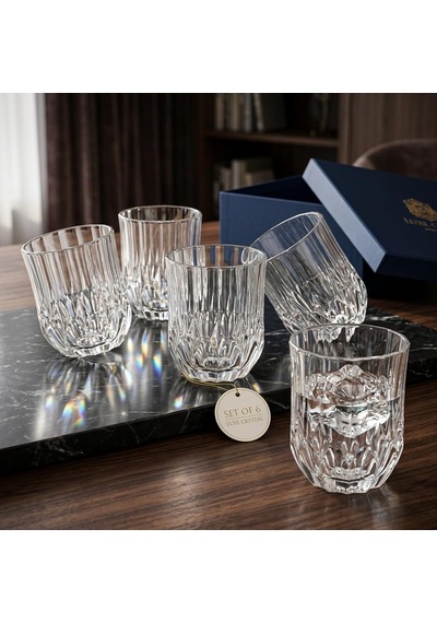 6'lı Kesme Kristal Desenli Cam Bardak Seti - Klasik Tasarım Su, Meşrubat Ve Viski Bardağı Takımı 315 Ml Çok Renkli