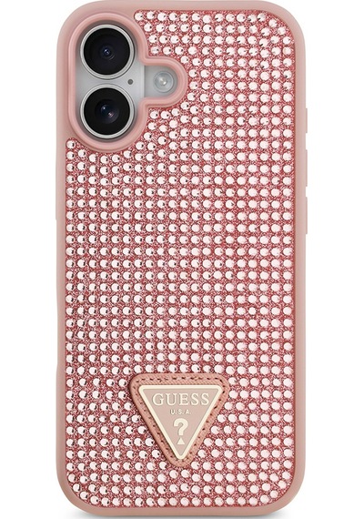 Apple Uyumlu iPhone 17 Kılıf Guess Lisanslı Taşlı Arka Yüzey Üçgen Logolu Kapak Pembe