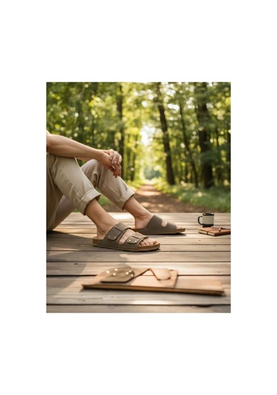 Look Life Erkek Suni Deri Rahat Günlük Sandalet Terlik Büyük No 46-47-48-49 Bej