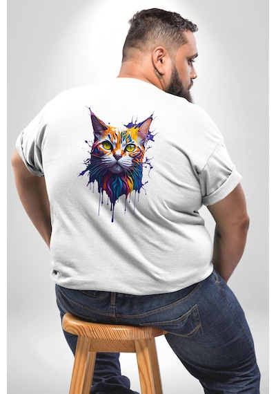 Angemiel Şimşek Yağmur Kedi Büyük Beden Beyaz Tişört Kadın Erkek Ünisex Sırt Baskılı Beyaz