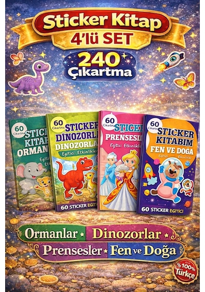 60 Çıkartmalı Sticker Kitabı Eğitici Etkinlik Kitabı Ormanlar, Dinazorlar, Prenses, Fen Ve Doğa