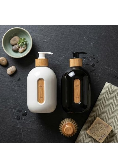 500 Ml Cam Sıvı Sabunluk - Bambu Pompalı Ve Etiketli Şık Tasarım 1 Adet Asorit Gönderim 000 Açık Krem