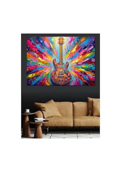 Renk Patlamalı Sanatsal Elektro Gitar Yağlı Boya Dokulu Kanvas Tablo Canvas Tablosu