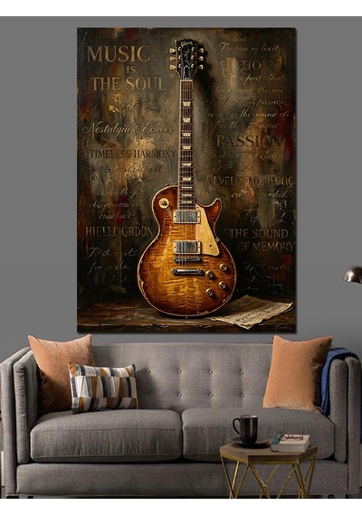 Paslı Duvarda Klasik Elektro Gitar Dekoratif Kanvas - Mdf Ahşap Tablo