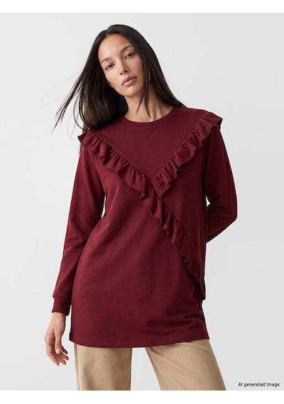 LC Waikiki Lc Waıkıkı Bordo Bisiklet Yaka Fırfırlı Kadın Sweatshirt Tunik