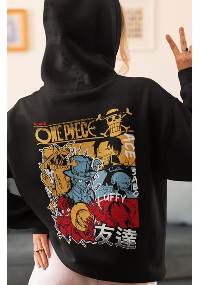 Sevbano One Piece Karakterler Ace Sabo Monkey D. Luffy Anime Sırt Baskılı Siyah