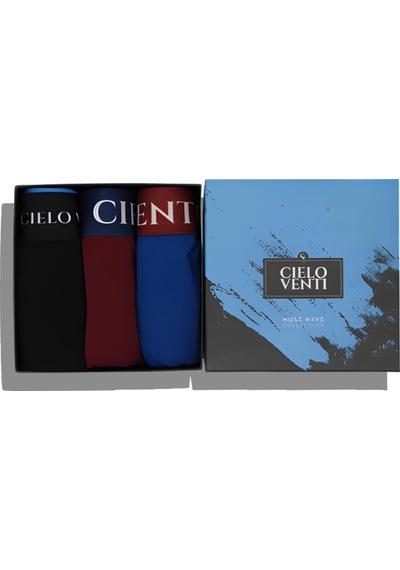 Cielo Venti Night Collection 3'lü Organik Pamuk Erkek Boxer Siyah - Bordo - Mavi - Beyaz