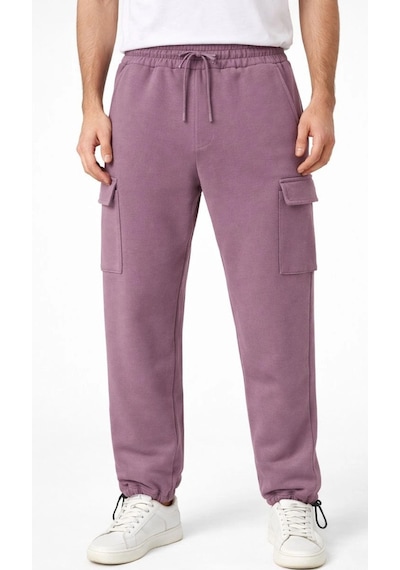 Erkek Baggy 3 İplik Kargo Cepli Eşofman Altı Ayarlanabilir Paça Pantolon - Gül Kurusu