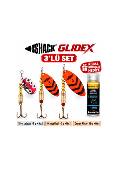Fishack Glidex 3'lü Döner Kaşık Seti + Klima Bombası - Silver Ladybug 5 Gr No:2 + Orange Flash 7 Gr No:3 + Orange Flash 12 Gr No:4