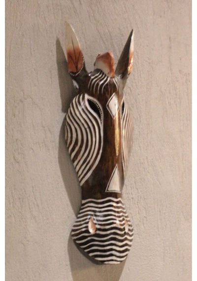 Ahşap Otantik Mask Ince Çızgılı Zebra 50cm Duvar Süsü Dekoratif Maske