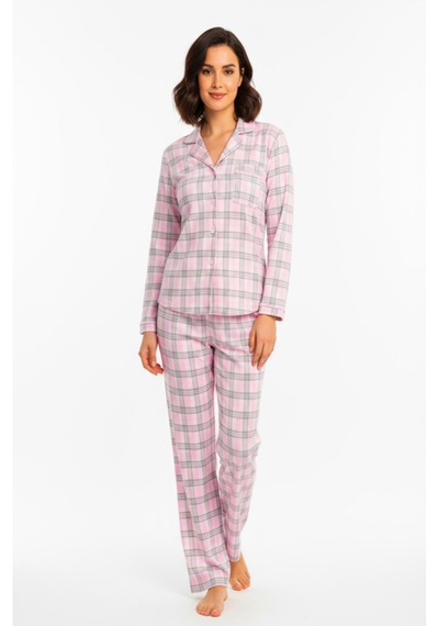 Bravie Luxury Viscose Pembe Ekose Desenli Kadın Uzun Kollu Büyük Beden Pijama Takımı 42531 Pembe