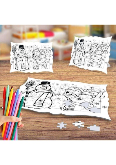 Kardan Adam Ve Ayıcık Boyama Puzzle Tablo Çocuk Eğitici Yapboz