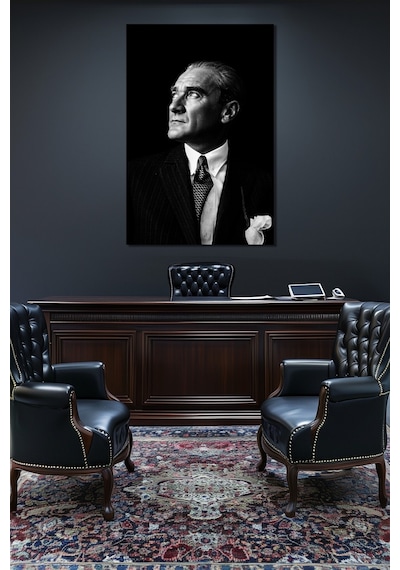 Atatürk Siyah Beyaz Portre Cam Tablo Klasik Şık Uv Baskı Duvar Dekoru