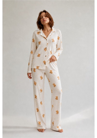 Fit Women Kadın Gömlek Yaka Düğmeli Gece Giyimi Beyaz Pijama Takımı