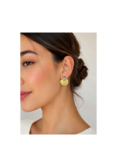 Taşlı Yelpaze Model Gold Küpe Şık Tasarım Kadın Küpe Altın