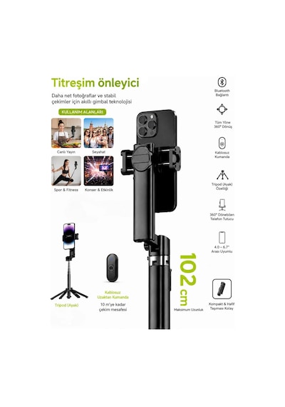 Bluetooth Kumandalı Gimbal Sabitleyici 102cm Selfie Çubuğu Ve Tripod Yatay Ve Dikey Eksenli Işık Takılabilir