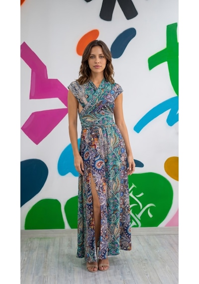 Alyn Wear Kadın Omuzlardan Açık Yakadan Çapraz Geçme Detaylı Yırtmaçlı Desenli Uzun Süprem Elbise Altın