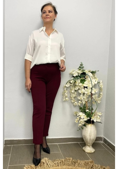 Mia Butik Dertsiz Büyük Beden Bordo Toparlayıcı Kumaş Pantolon Bordo