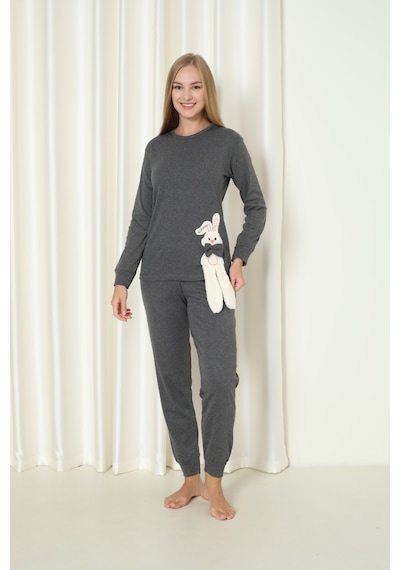 Wordex Fawn 4002 İnterlok Kışlık Tavşanlı Kadın Ev Pijama Takımı Antrasit