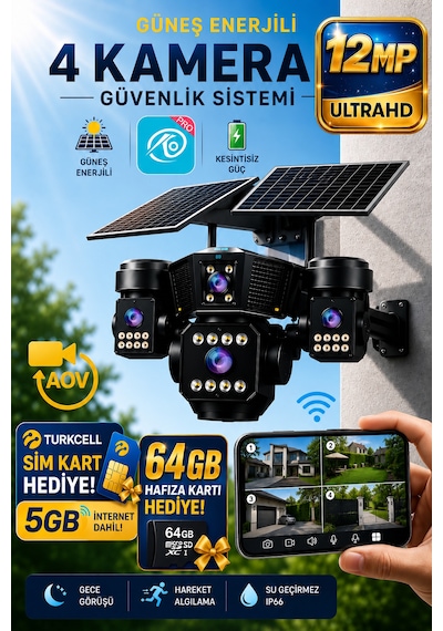 O-kam Ok333 Premium Serisi 12mp 4 Kameralı 4g Çift Solar Panel Gece Görüş Güvenlik Kamerası Turkcell Sim Kart + 64gb Hafıza Kartı
