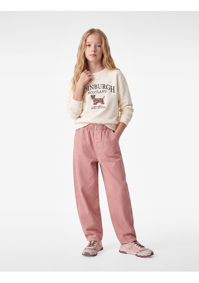 Koton Pamuklu Beli Lastikli Loose Fit Barrel Denim Pantolon Pembe 7wkg40043ad Gül