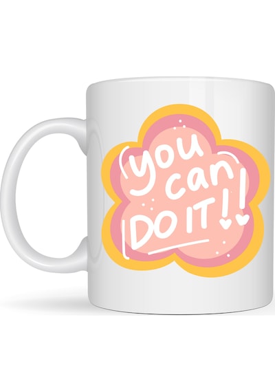 You Can Do It Yazılı Porselen Kupa Model 126 Motive Edici Mesajlı, Çiçek Tasarımlı, Pozitif Enerji Veren Hediye Kupası Beyaz