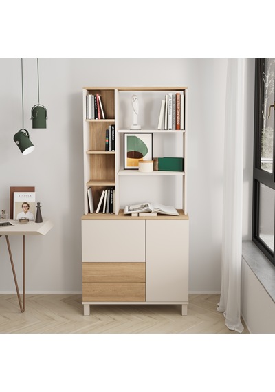 Robin Home Urban Kitaplık Raf Ahşap Ayaklı 188cm 2 Kapaklı 2 Çekmeceli Kumsal-sepet Bej