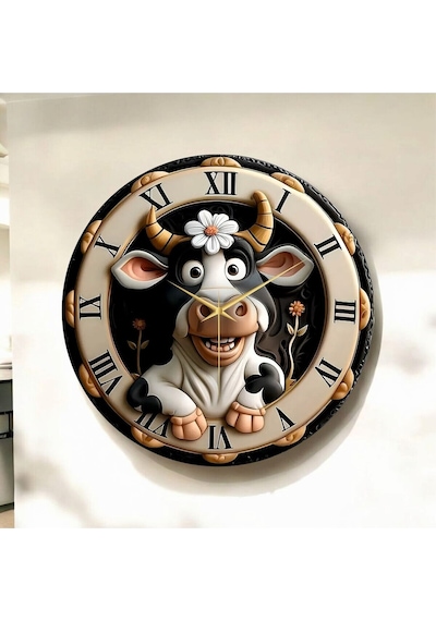 AA Shop Renkli Baskı İnek Çocuk Desenli Sayılı Yılbaşı Hediyelik Ahşap Sessiz Tablo Duvar Saati 50cm D296 Çok Renkli