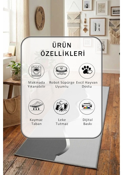 Gri Tek Çizgi S Dijital Baskılı Kaymaz Yıkanabilir Yolluk