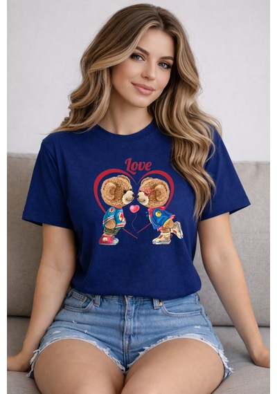 Herkesemoda Love Ayıcık Baskı Detaylı Basic T-shirt Lacivert