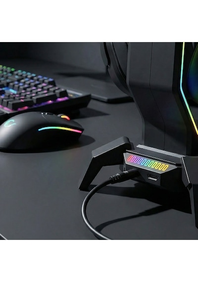 Rampage Rm-h27 Igrıs Kulaklık İçin Stand Rgb Işıklı 3 Usb 1 Type-c Siy
