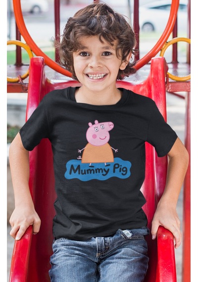 Sevbano Anne Pig Peppa Pig Baskılı Unisex Çizgi Film Çocuk Tişört 1-12 Y Siyah