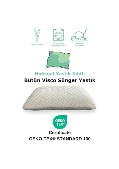 Rudu Hidrojel Hydrogel Kılıf Visco Visko Bütün Sünger Yastık 60x40x15 Cm 1350 Gr Omuz/boyun Destekli Beyaz - Yeşil