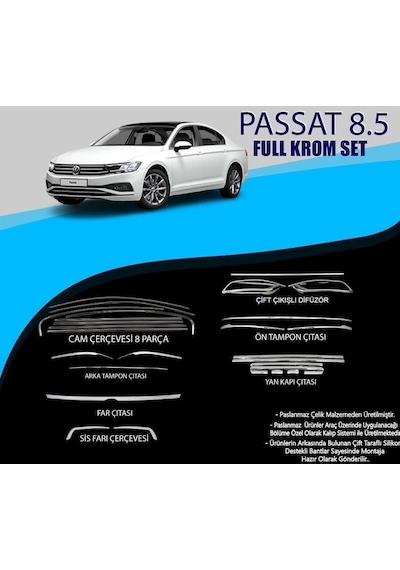 Vw Passat B8.5 Krom Set Cam Çerç.-yan Kapı Çıt.-difüzör Çıta-ön Tampon Çıta.-arka Tampon Çıt.-far Çıtası.- Sisfarı Çıtası