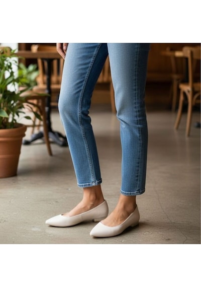 Ne&ve Shoes Bej Hakiki Deri Sivri Burun Şık Ve Rahat Günlük Babet