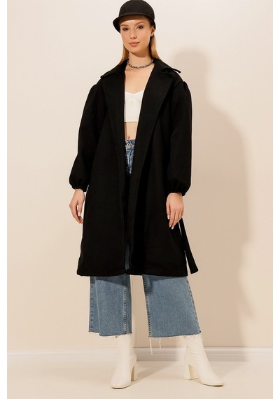 Kaşe Kuşaklı Oversize Kaban Siyah