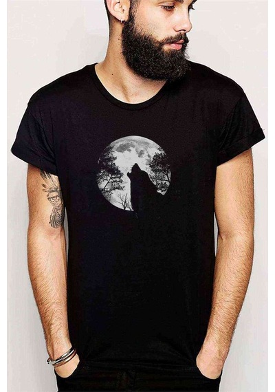 Wolf Moon Baskılı Siyah Erkek Tshirt