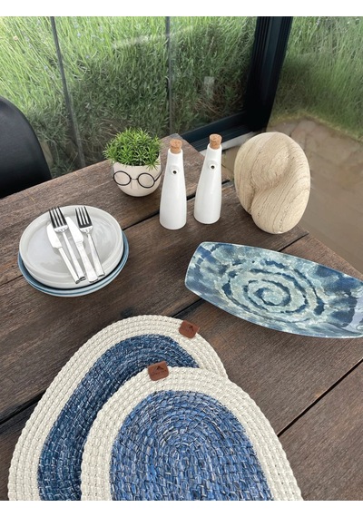 Bohem Tarz 2 Li Doğal İp Amerikan Servis Hasır Görünümlü, Leke Tutmaz, Beyaz-mavi 40x28 Cm Mavi/beyaz