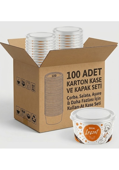100 Adet Kapaklı Karton Kase Çorba Salata Aşure Yemek Kasesi Piknik Tabağı 14 Oz Karton Kase Isıya Dayanıklı Parti Tabağı